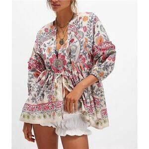 Women Boho Floral Puff Sleeve Peplum Tunic Top Y2K Vintage Button Down Shirt